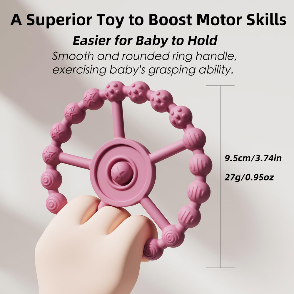 Gairssda clip attached to teether demonstrates secure clothing attachment during play.