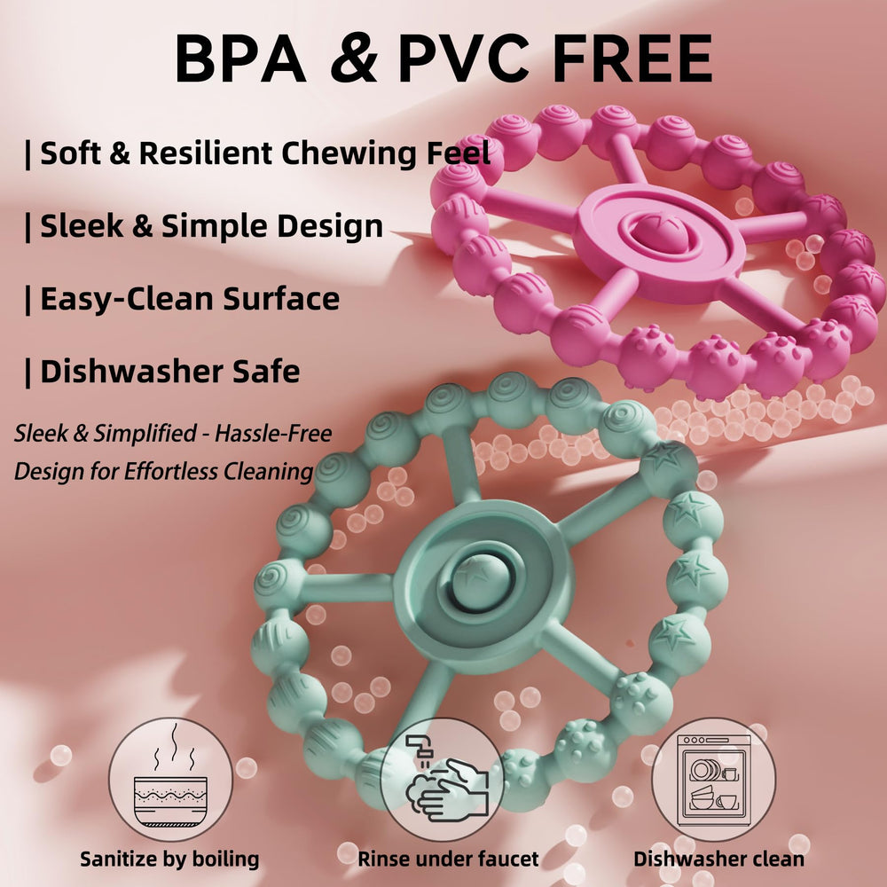 Gairssda dual-texture teether with spiral ridges and dots to cleanse gums.