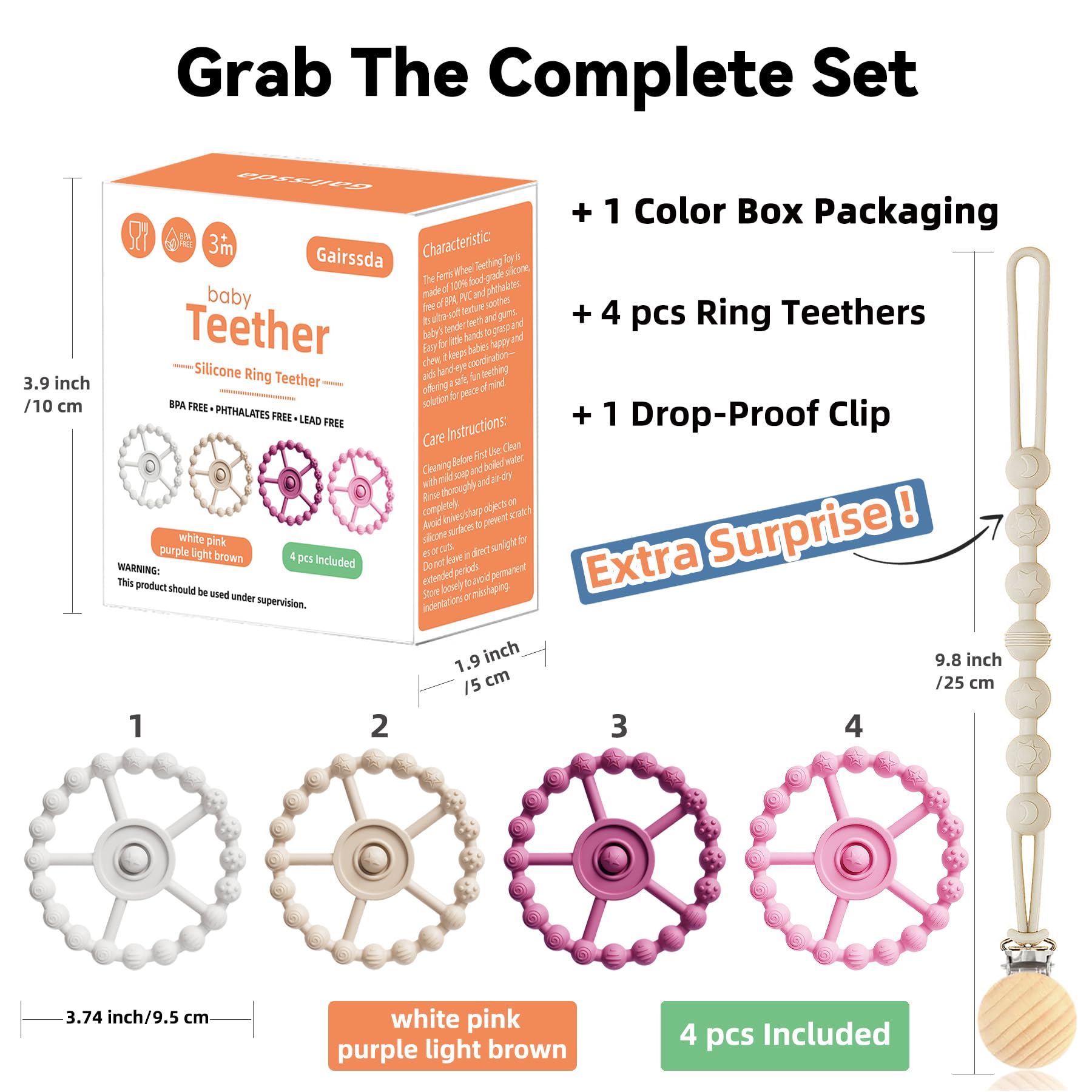 Gairssda gift-ready packaging featuring 5-pack baby teething set.