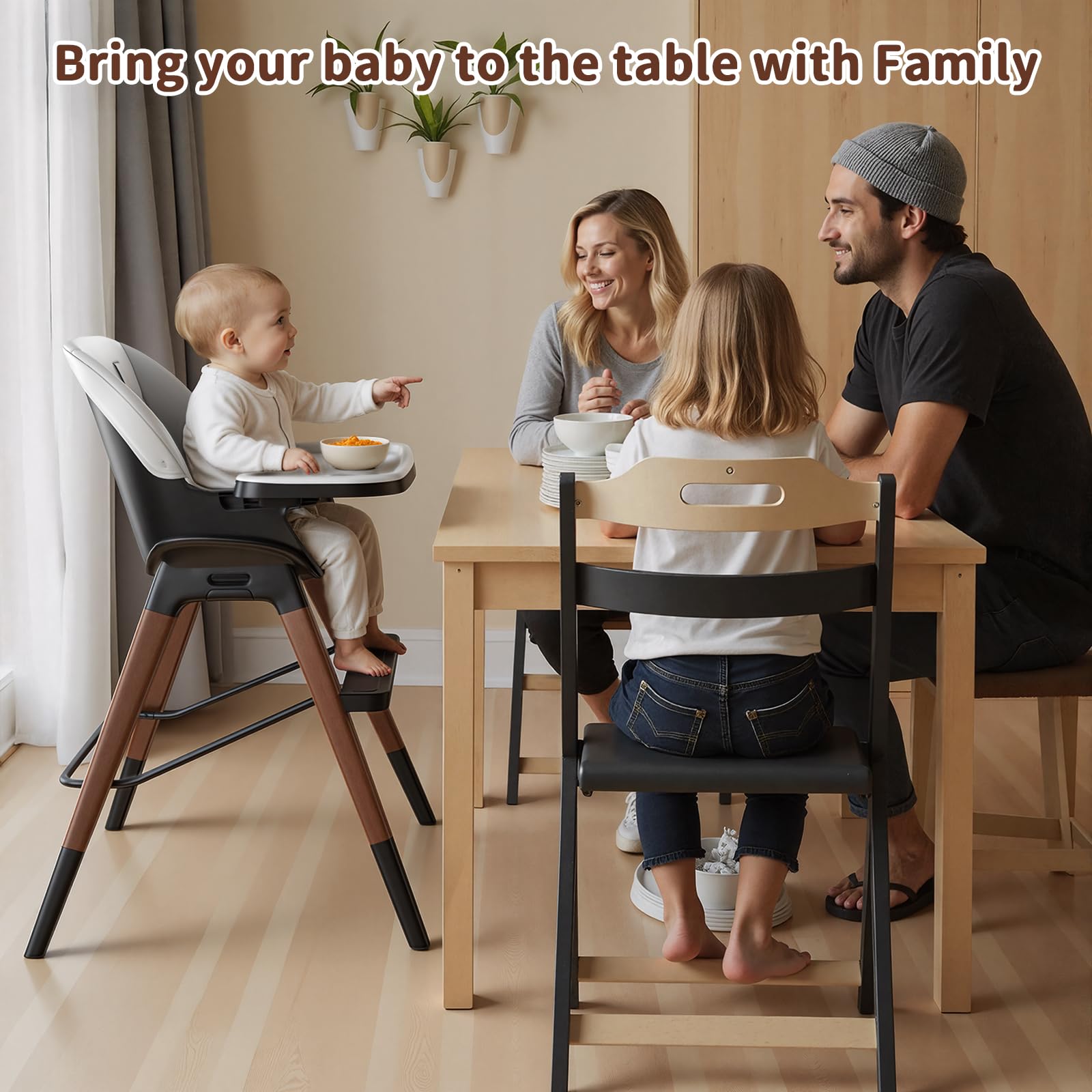 GAIVE wooden high chair with beech legs provides stable feeding at home.