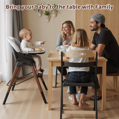 GAIVE wooden high chair with beech legs provides stable feeding at home.