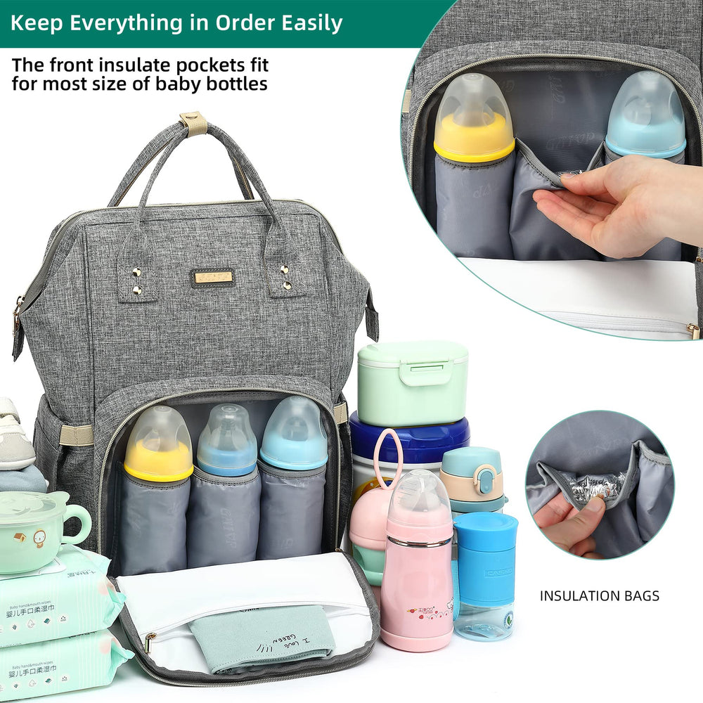 GAIVP diaper bag backpack gray insulated pocket keeps bottles warm or cold during outings.