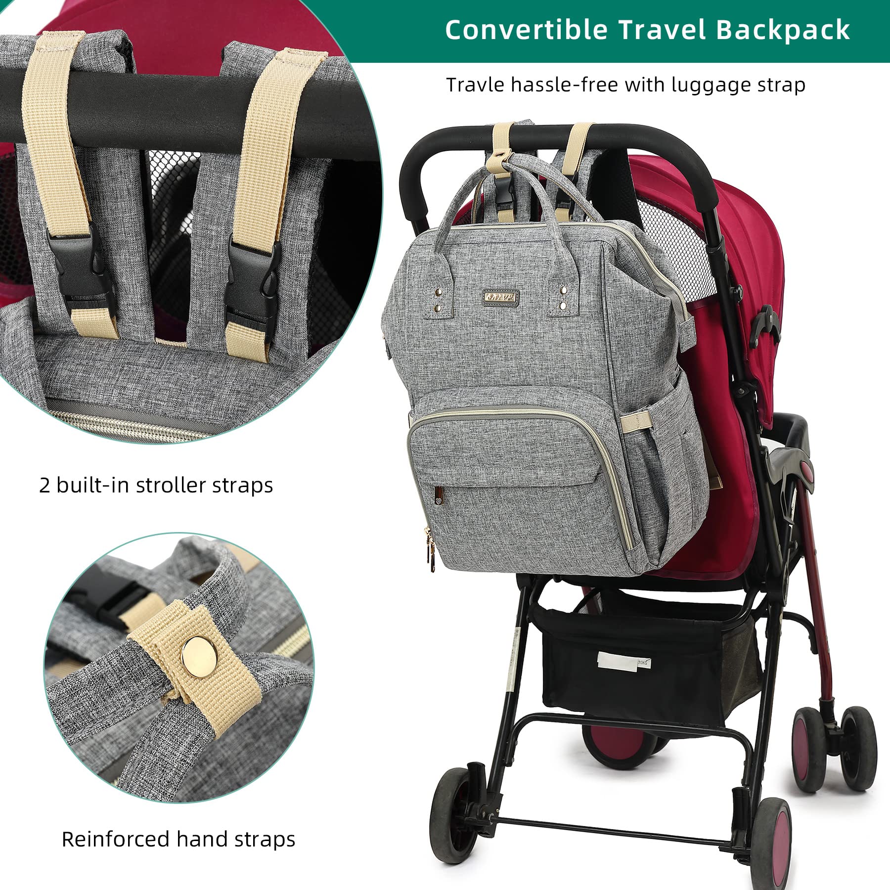 GAIVP diaper bag backpack gray interior organization with multiple pockets for nappies and wipes on-the-go.