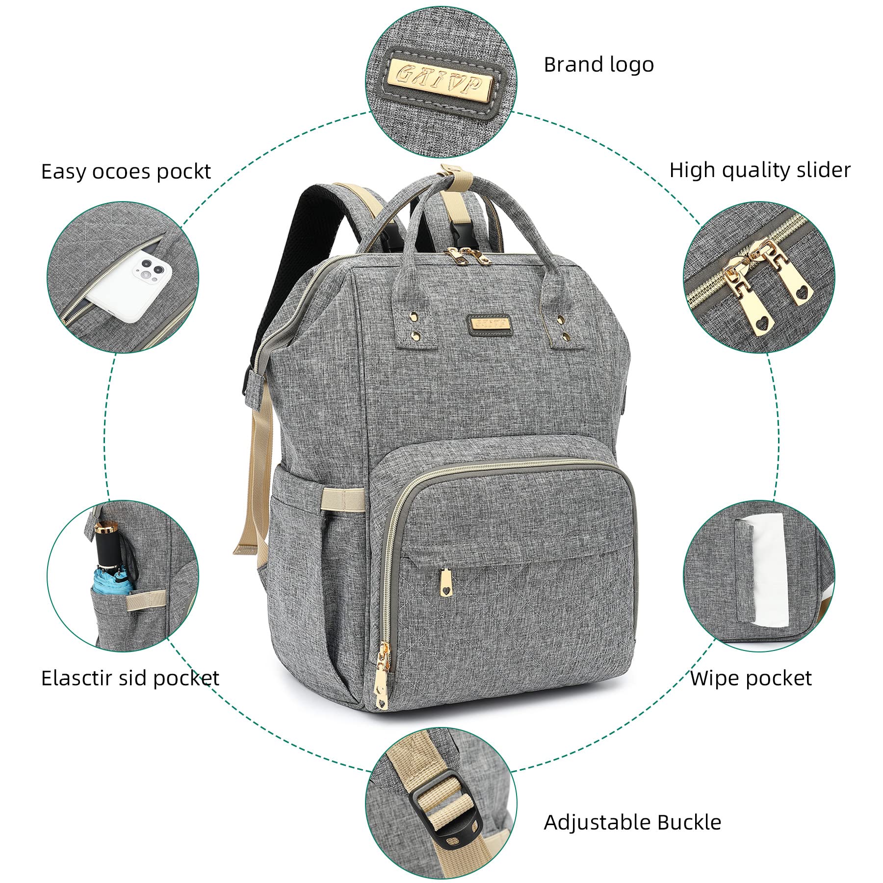 GAIVP diaper bag backpack gray stroller strap view enabling hands-free parenting.