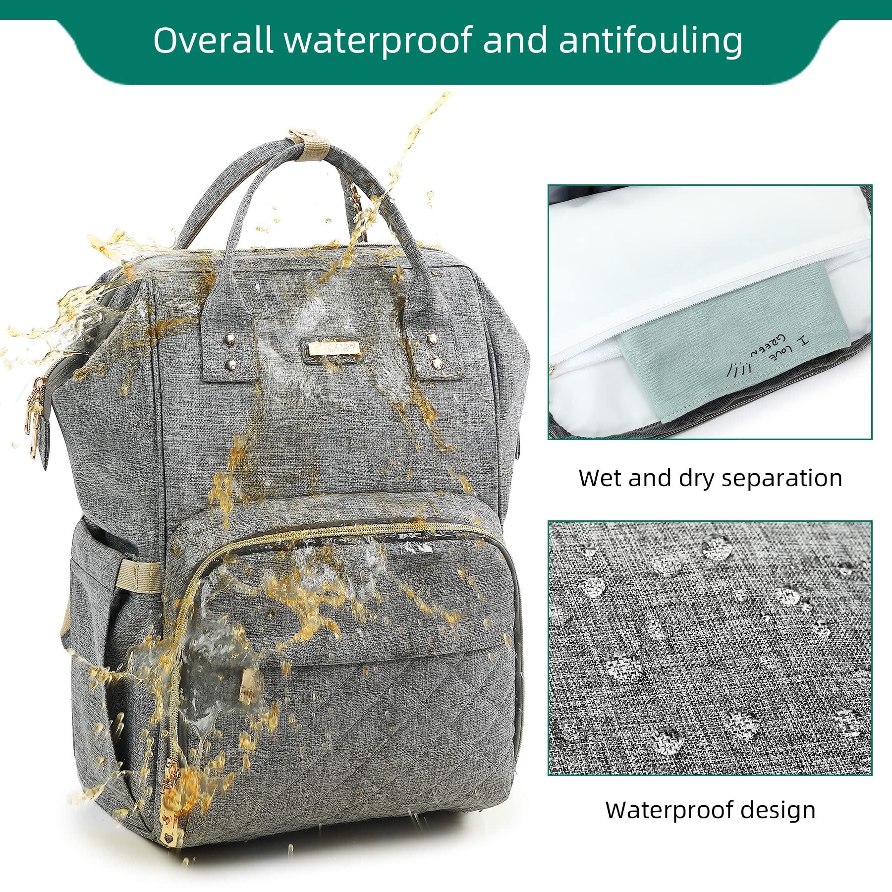 GAIVP diaper bag backpack gray waterproof fabric demonstrates durable protection during rain.