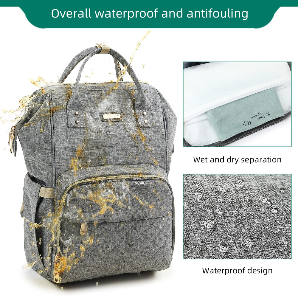GAIVP diaper bag backpack gray waterproof fabric demonstrates durable protection during rain.