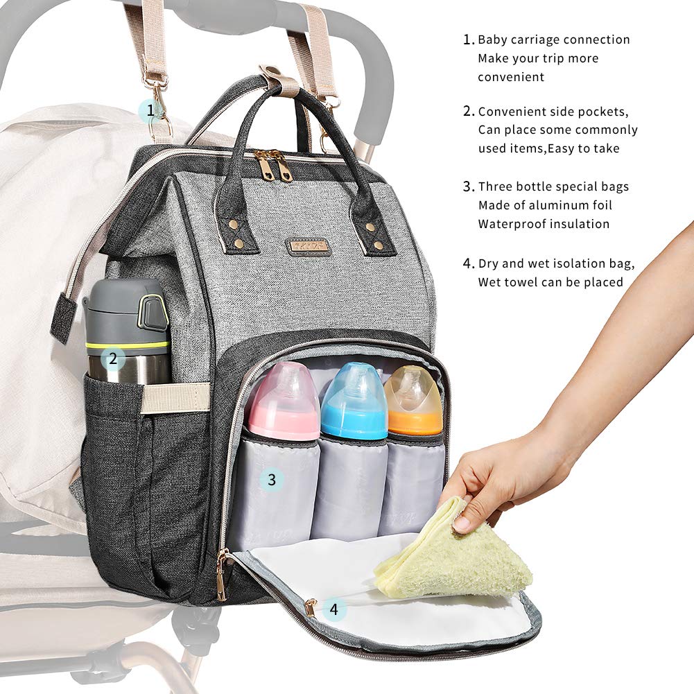 GAIVP Diaper Bag Backpack in-use with stroller clip for hands-free travel