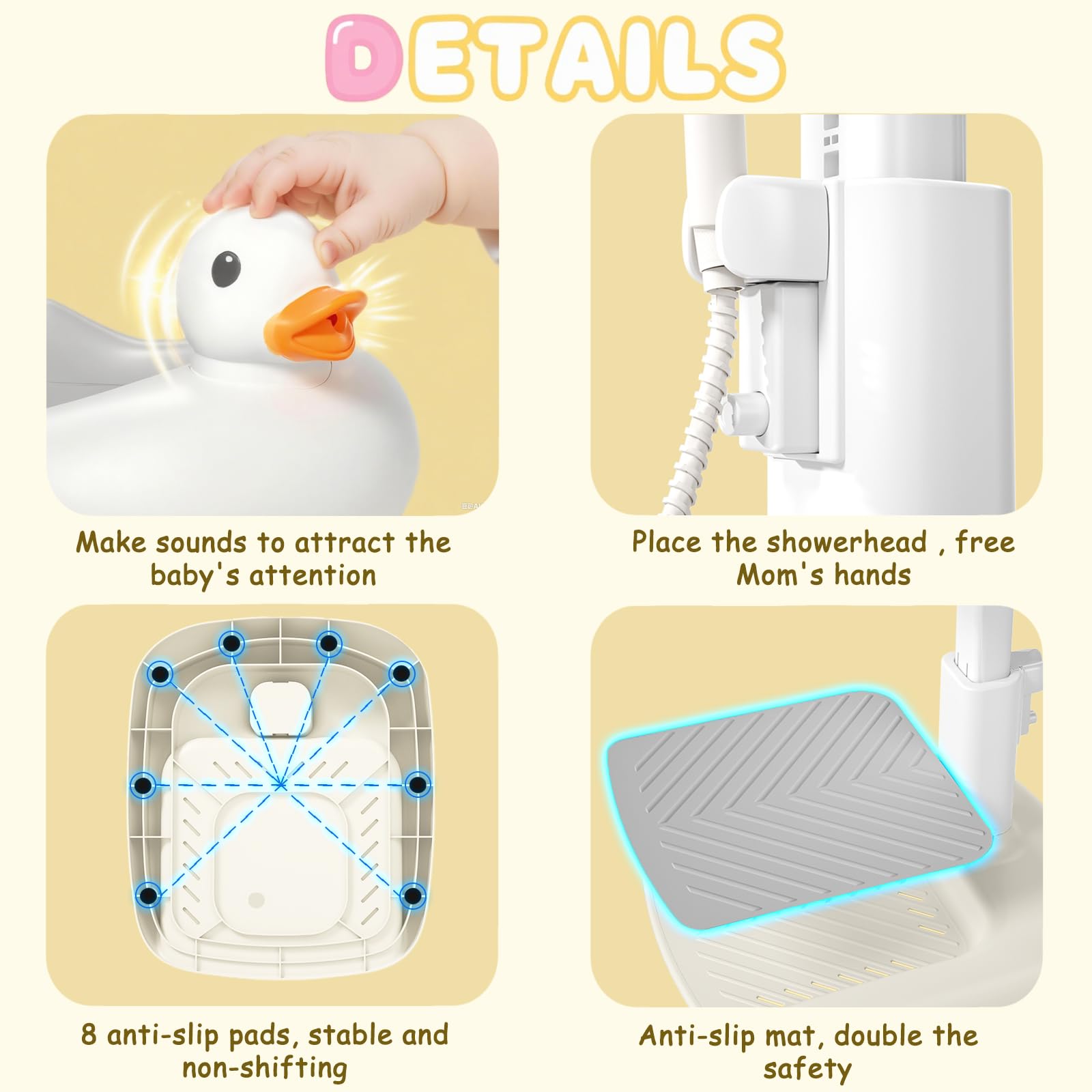 Gakfawd baby stand highlights cartoon duck feature to engage baby during bath time.