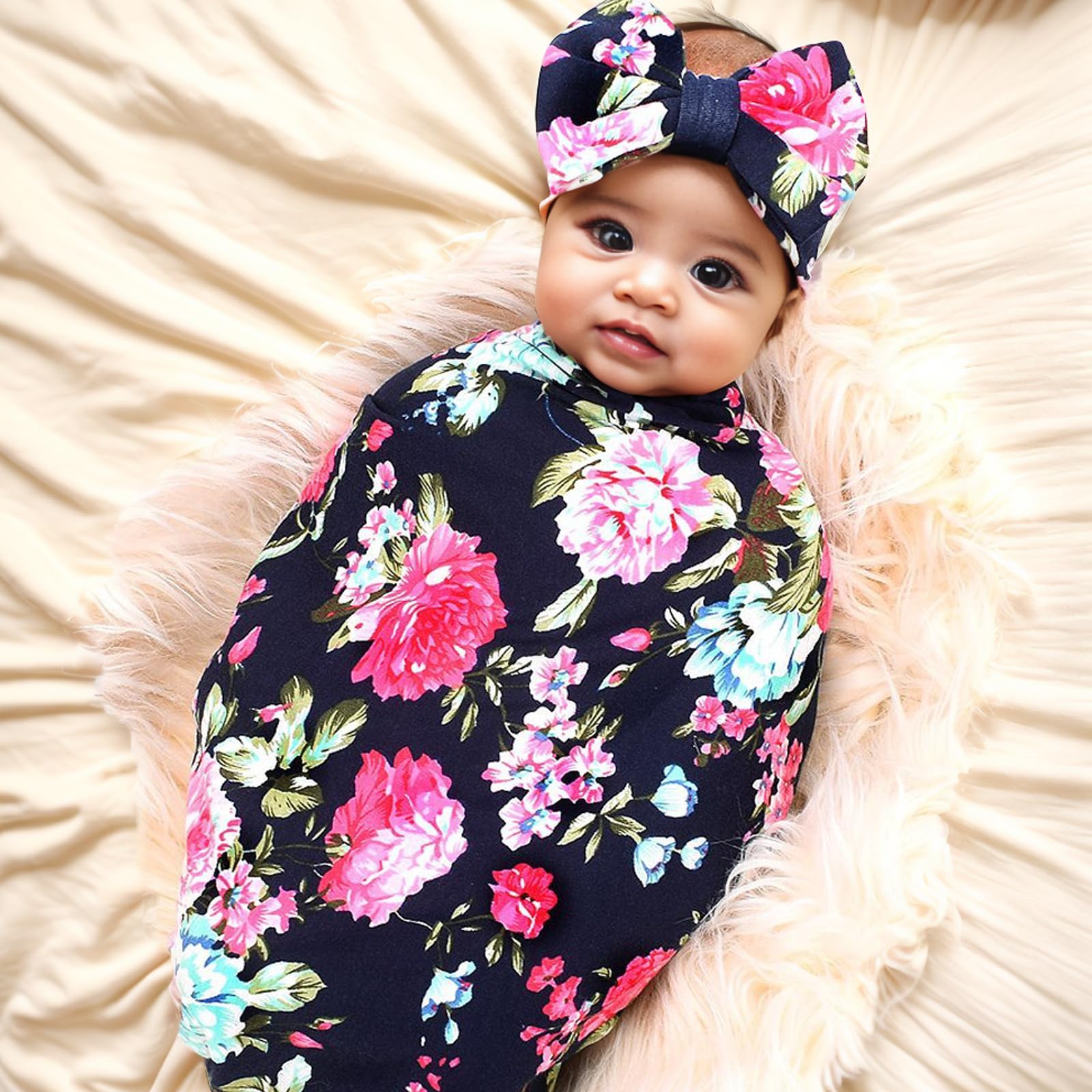 Galabloomer baby swaddle in soft knit fabric highlights gentle stretch.