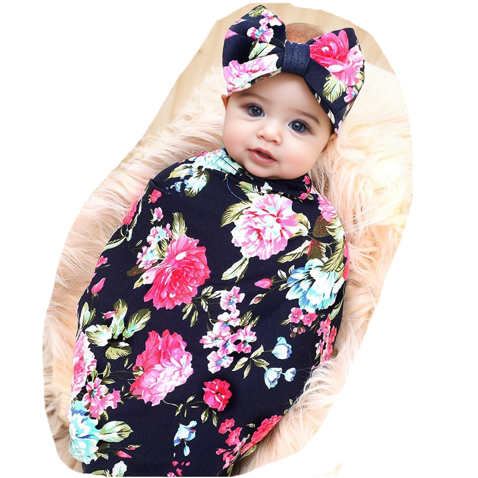 Galabloomer receiving blanket navy rose print showing soft knit fabric for delicate baby skin.