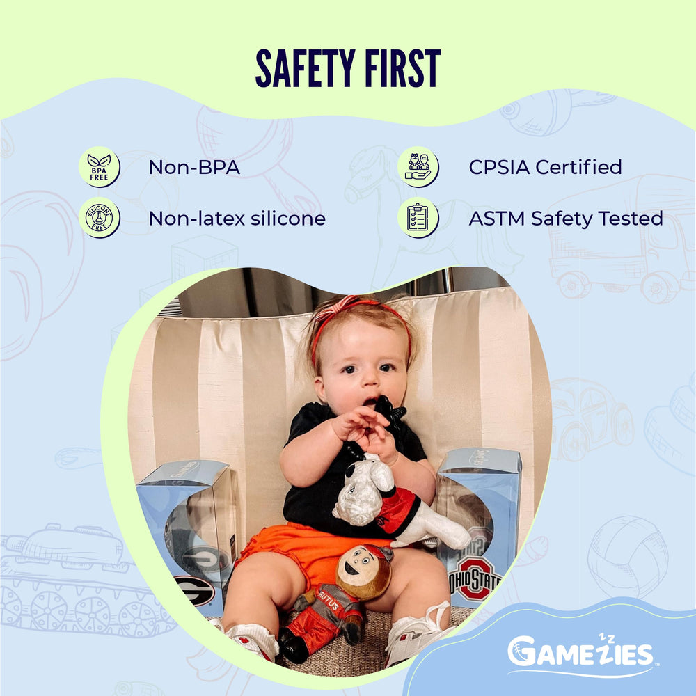 Gamezies UGA Mascot Pacifier Tiny Hands-Ready Design for little grips.