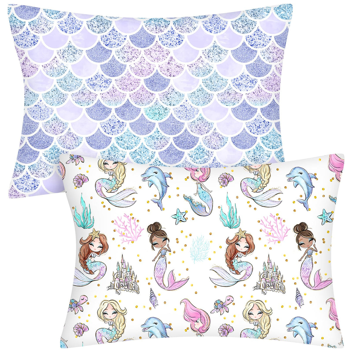 Ganeen Mermaid toddler pillowcase 14x19 front view shows soft cotton fabric