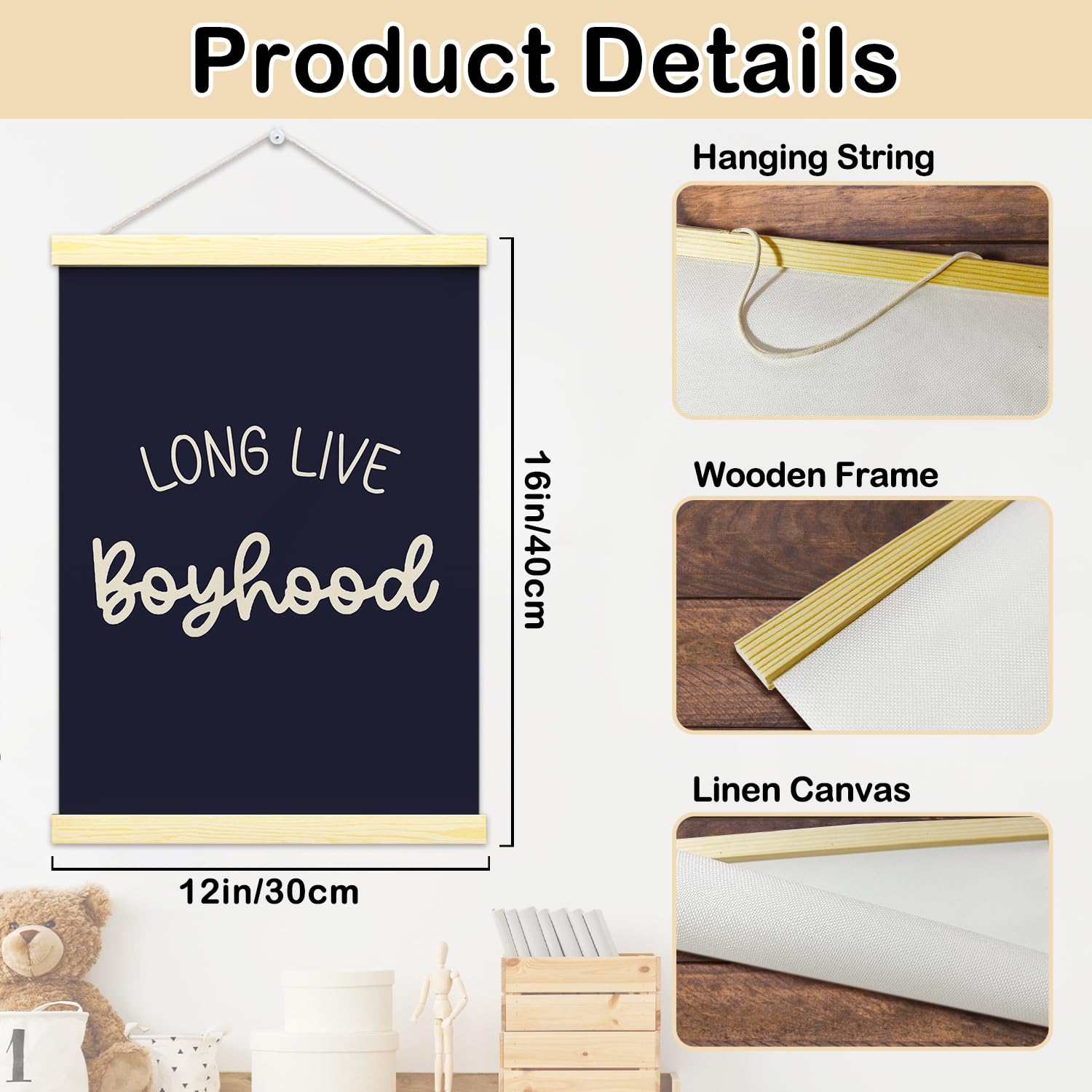 GaNiao blue poster hanger for boys room creates a playful focal point.