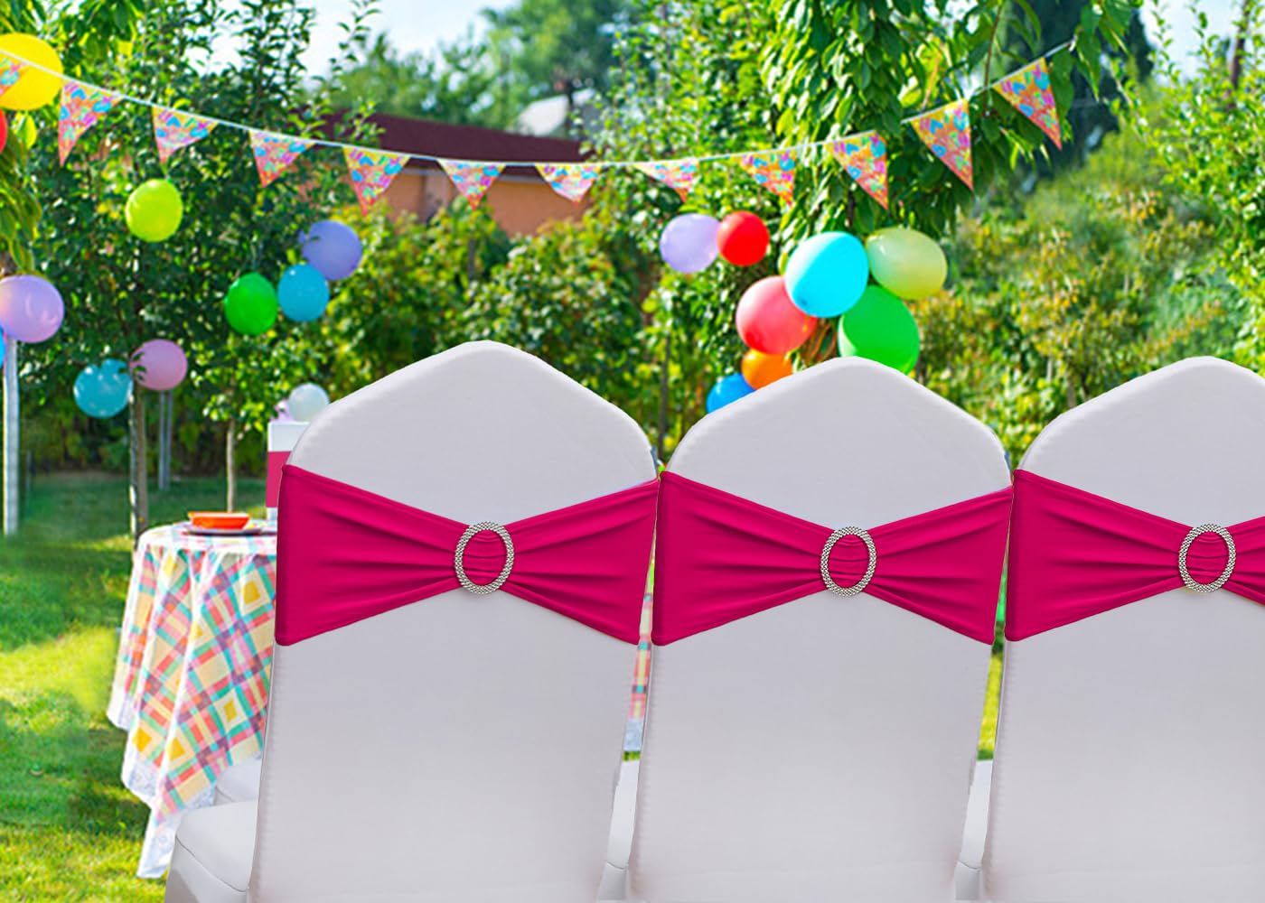 Gankar hot pink chair sash on chair demonstrates quick, seamless setup for parties.