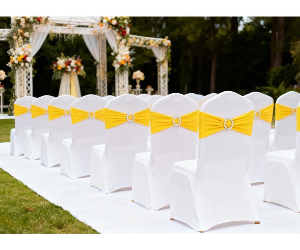 Gankar spandex yellow chair sashes folded closeup highlights stretch and edge finish