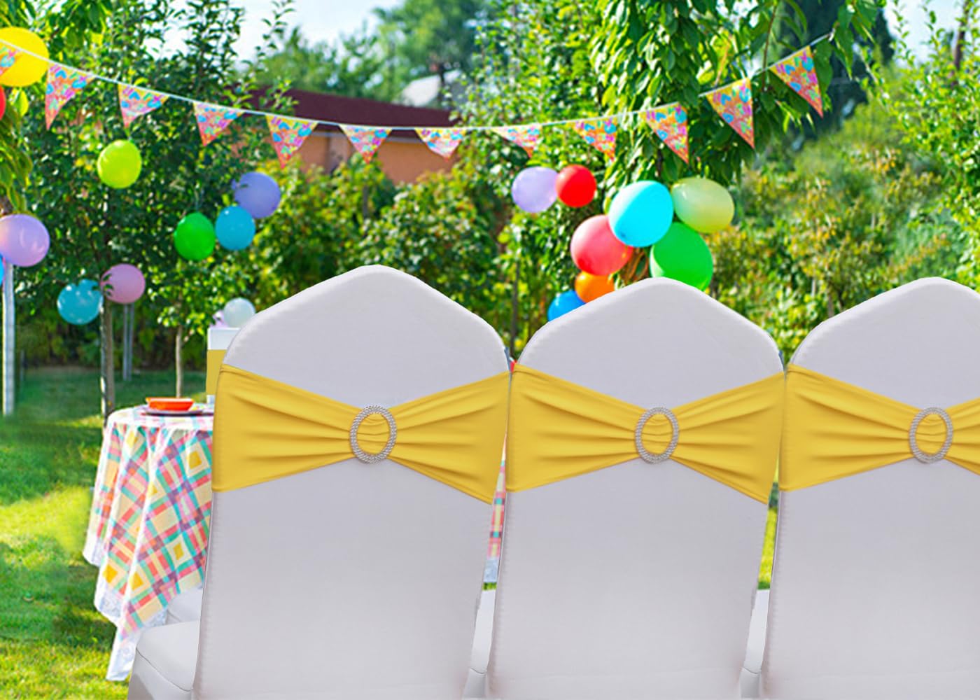 Gankar yellow sapndex chair sashes edge-finished with color-matched buckles for polished event styling.