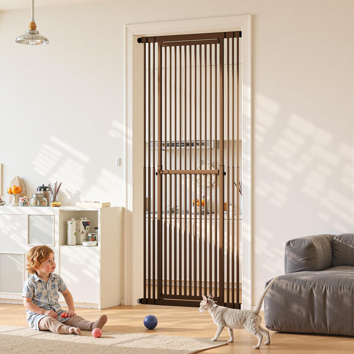 Gardner Pet gate in doorway demonstrates adjustable height for various doorframes and pets.