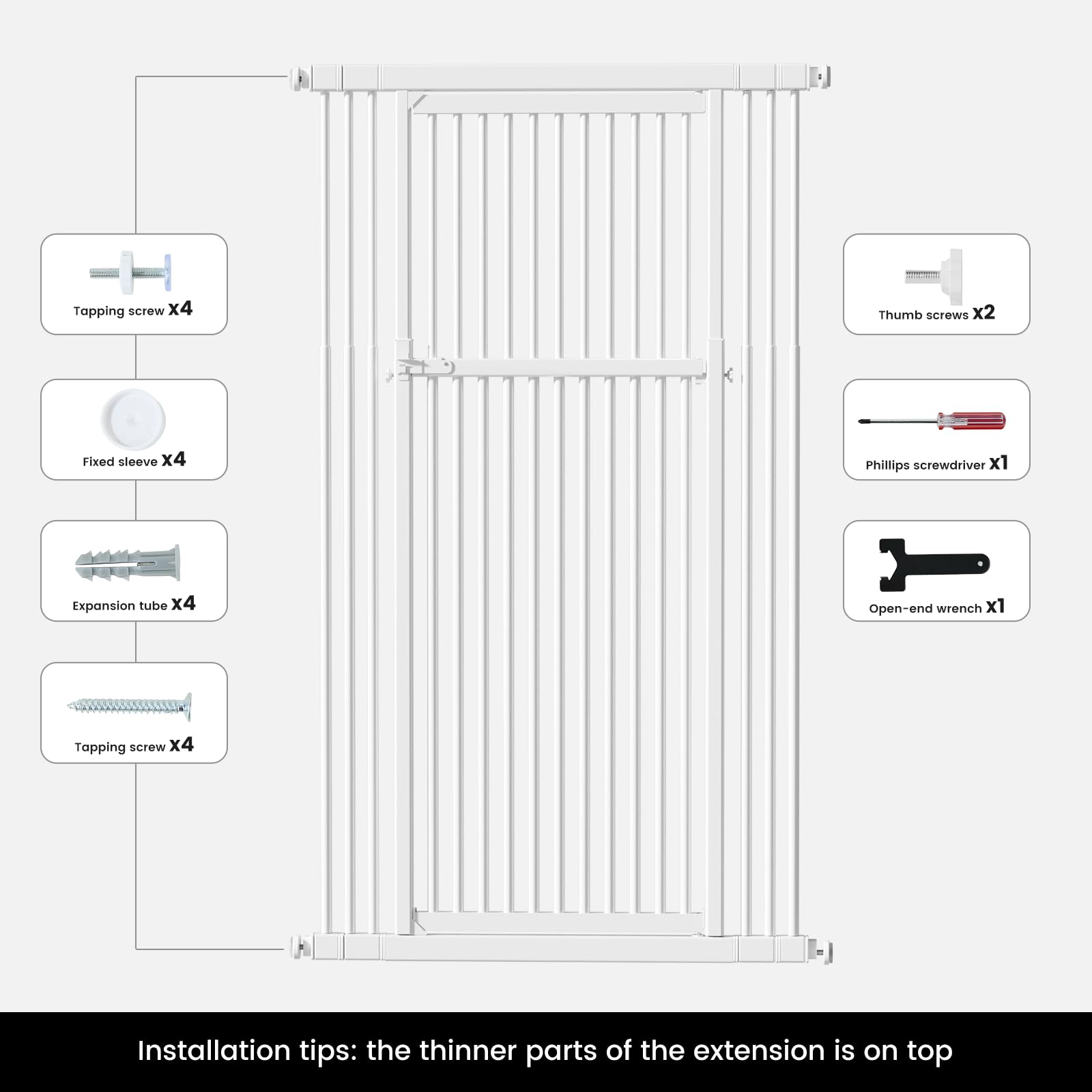 Gardner Pet gate with four extension kits adapts to multiple doorway sizes.