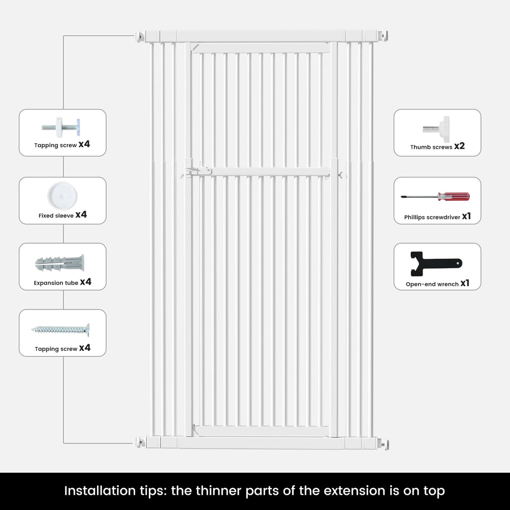 Gardner Pet gate with four extension kits adapts to multiple doorway sizes.