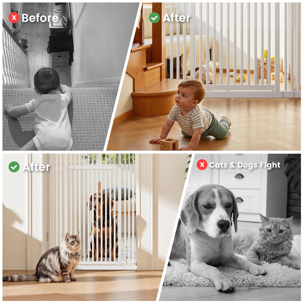 Gardner Pet gate in hallway setting blocks access to stairs and rooms.