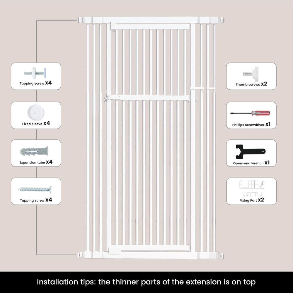 Gardner Pet gate white finish detail blends with interior decor
