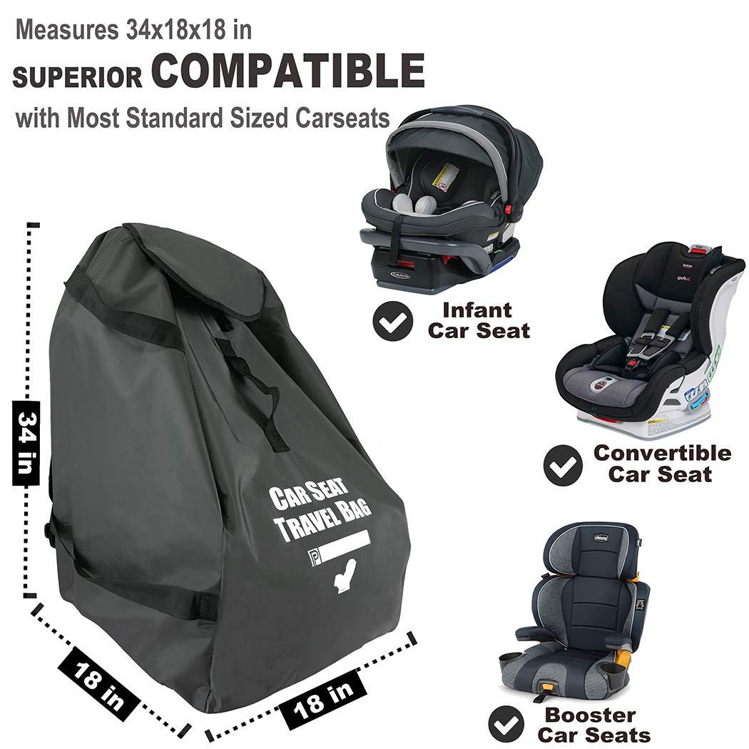 Garfine car seat travel bag at the airport ready for quick access to essentials.