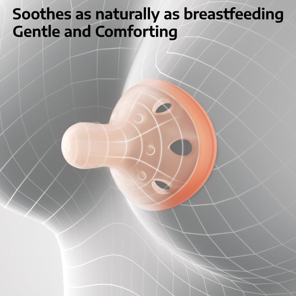 Garkoko non-touch-face pacifier design reduces skin contact during soothing sessions.