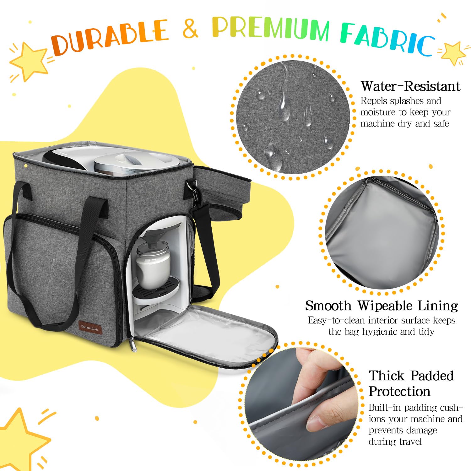 GarmentGlide side pockets hold bottles and pumps for quick access.