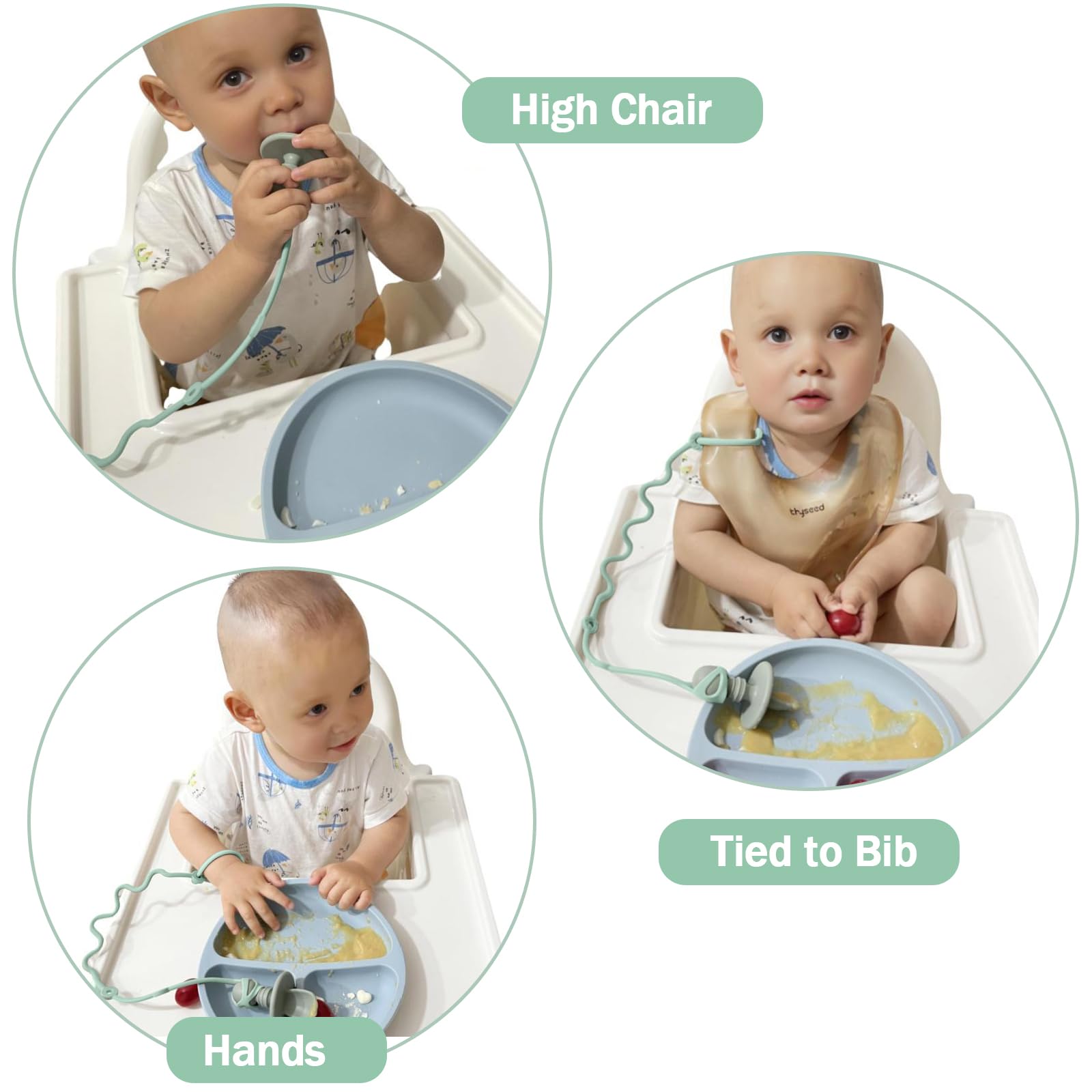GAWAVAWA spoon and fork strapped to a high chair for easy access.