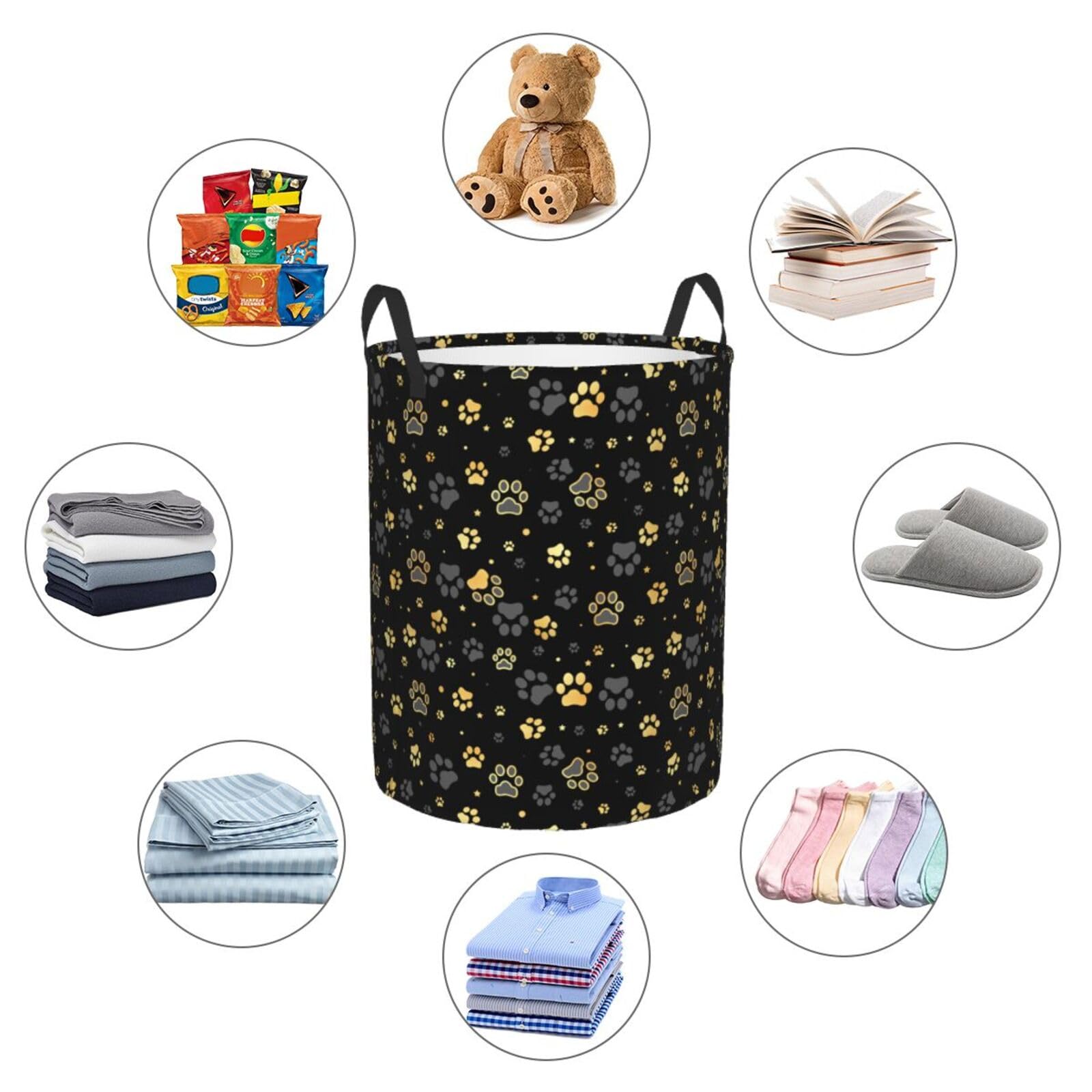 Gbuzozie Golden Dogs round laundry hamper shown with 38L capacity.