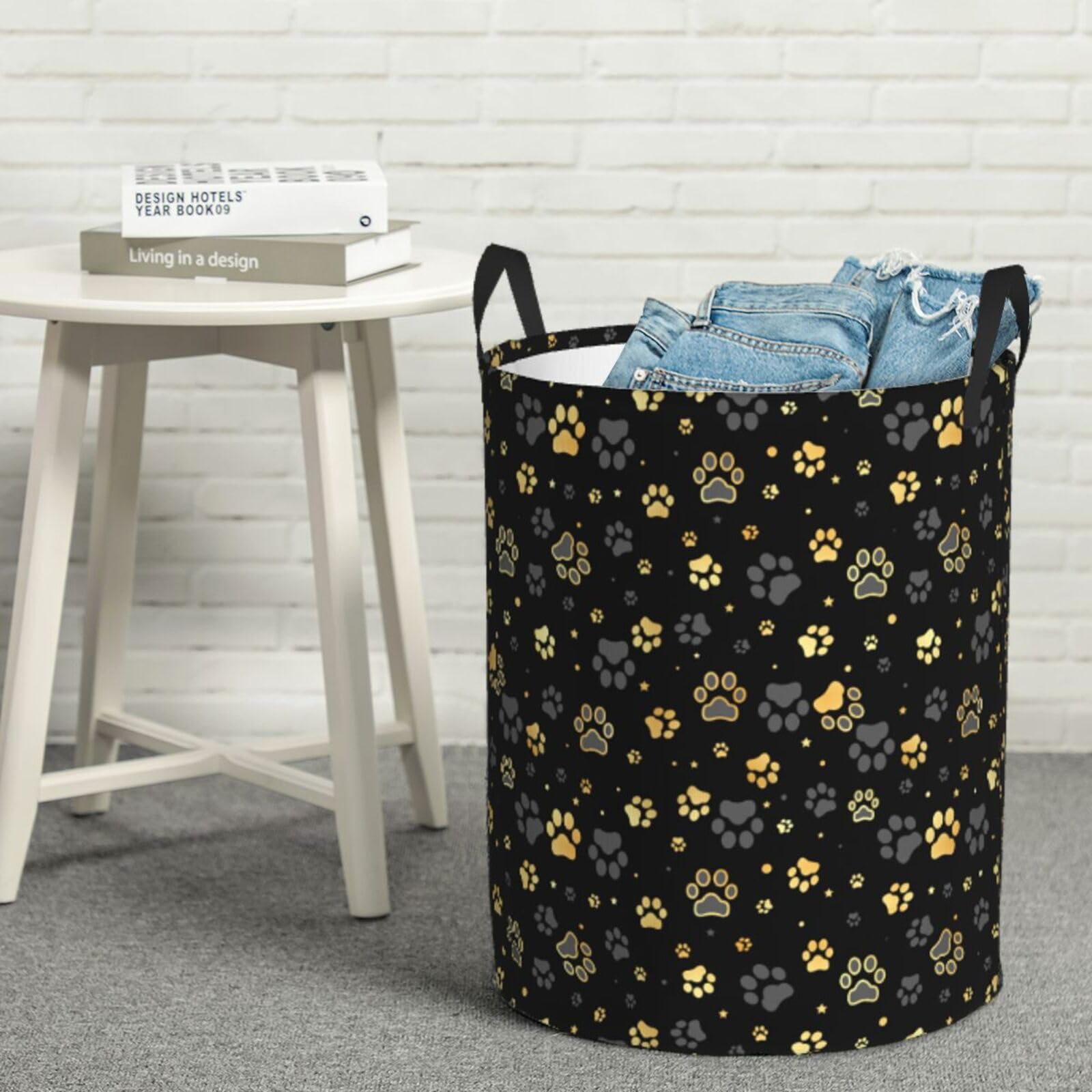 Gbuzozie Golden Dogs round laundry hamper in bathroom organization.