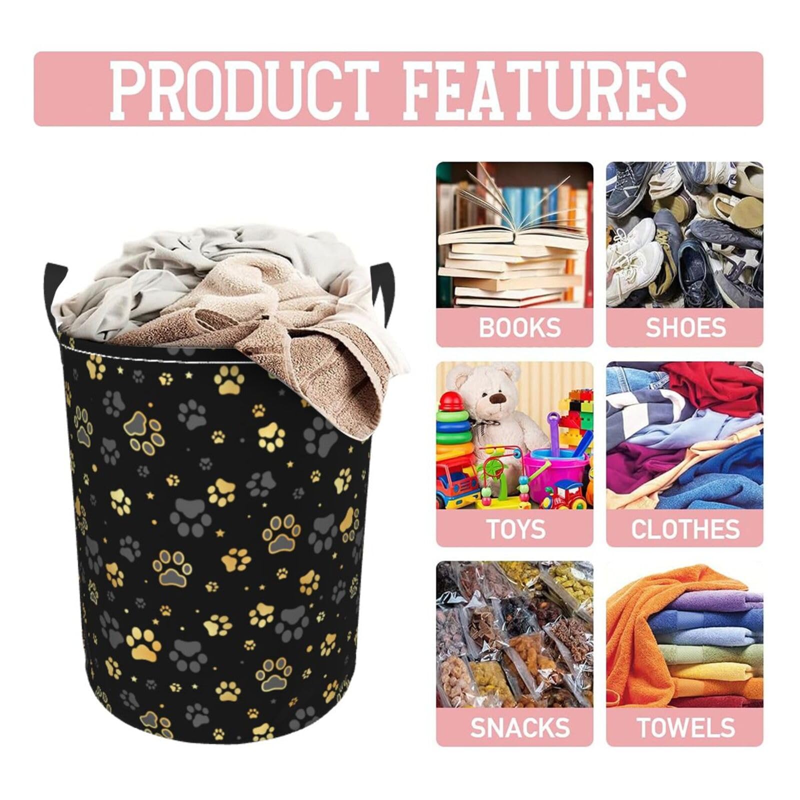 Gbuzozie Golden Dogs round laundry hamper in kitchen storage for towels and laundry.