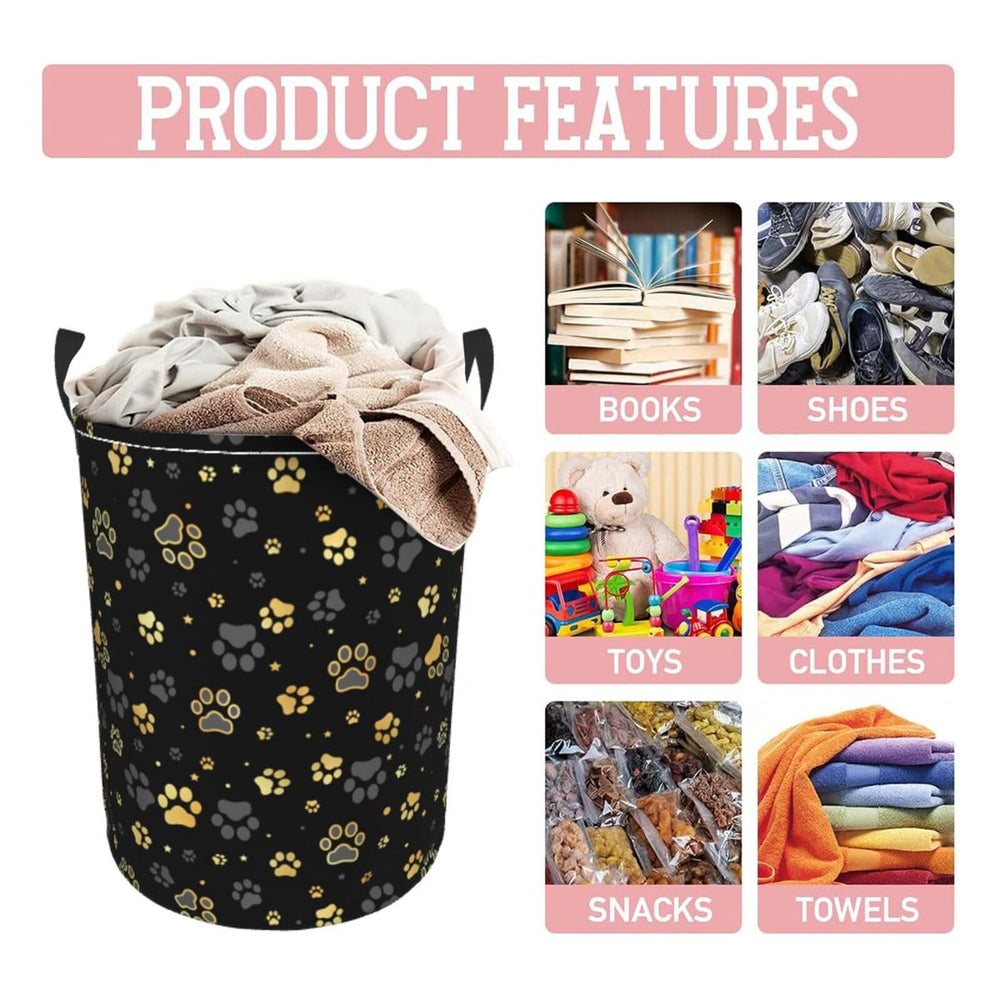 Gbuzozie Golden Dogs round laundry hamper in kitchen storage for towels and laundry.