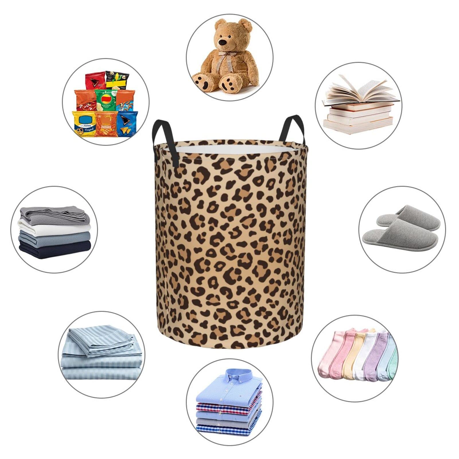 Gbuzozie leopard-print round laundry hamper in bathroom for quick organization