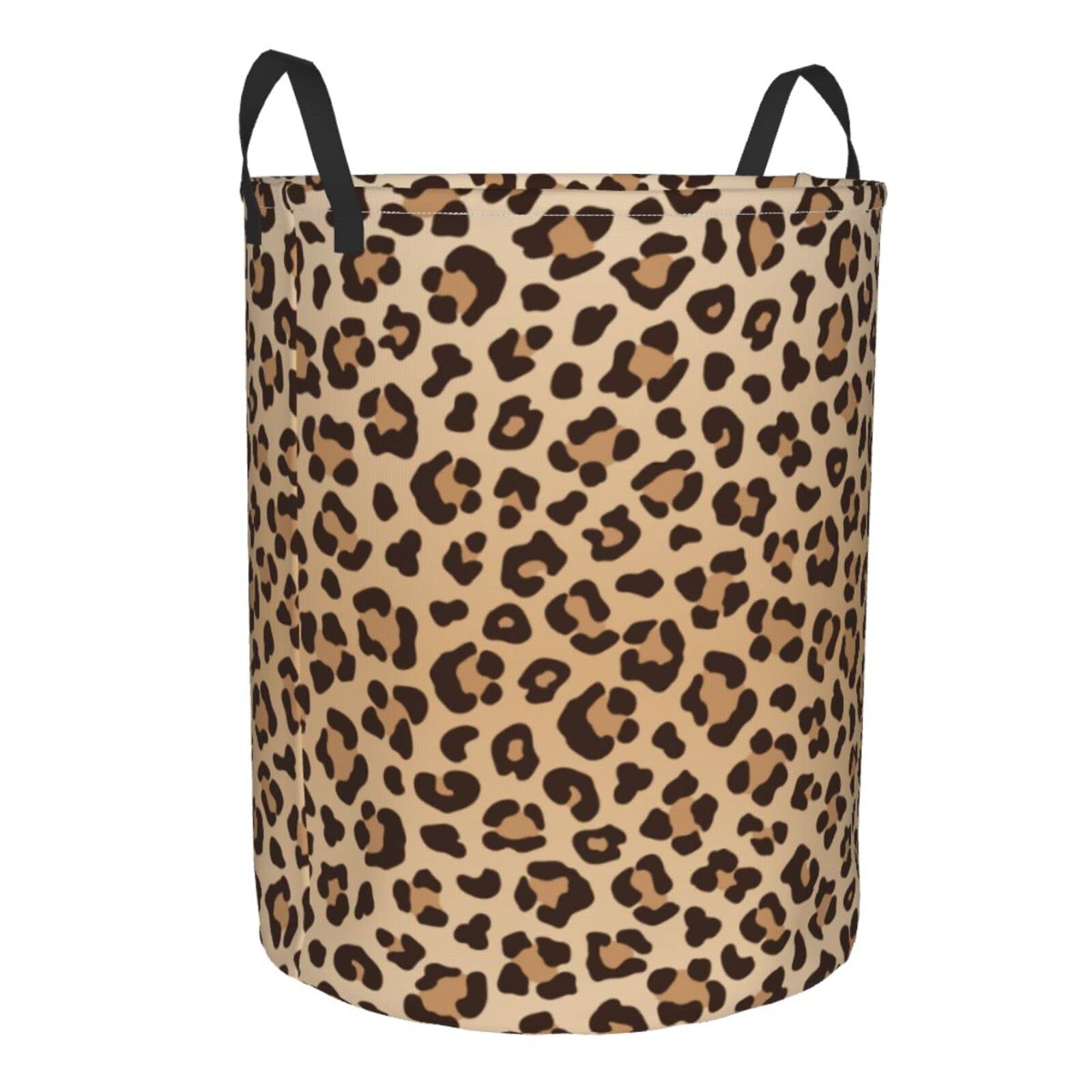 Gbuzozie leopard-print round hamper side view highlighting durable fabric and roomy interior