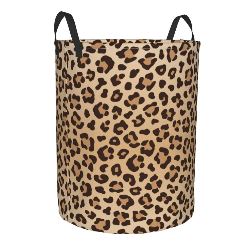 Gbuzozie leopard-print round hamper side view highlighting durable fabric and roomy interior
