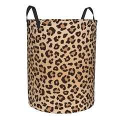 Gbuzozie leopard-print round hamper side view highlighting durable fabric and roomy interior