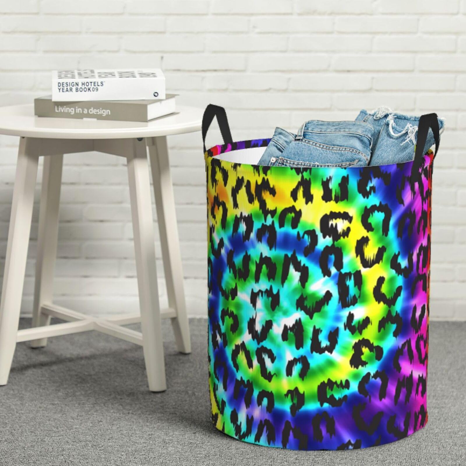 Gbuzozie leopard round laundry hamper double handles simplify carrying.