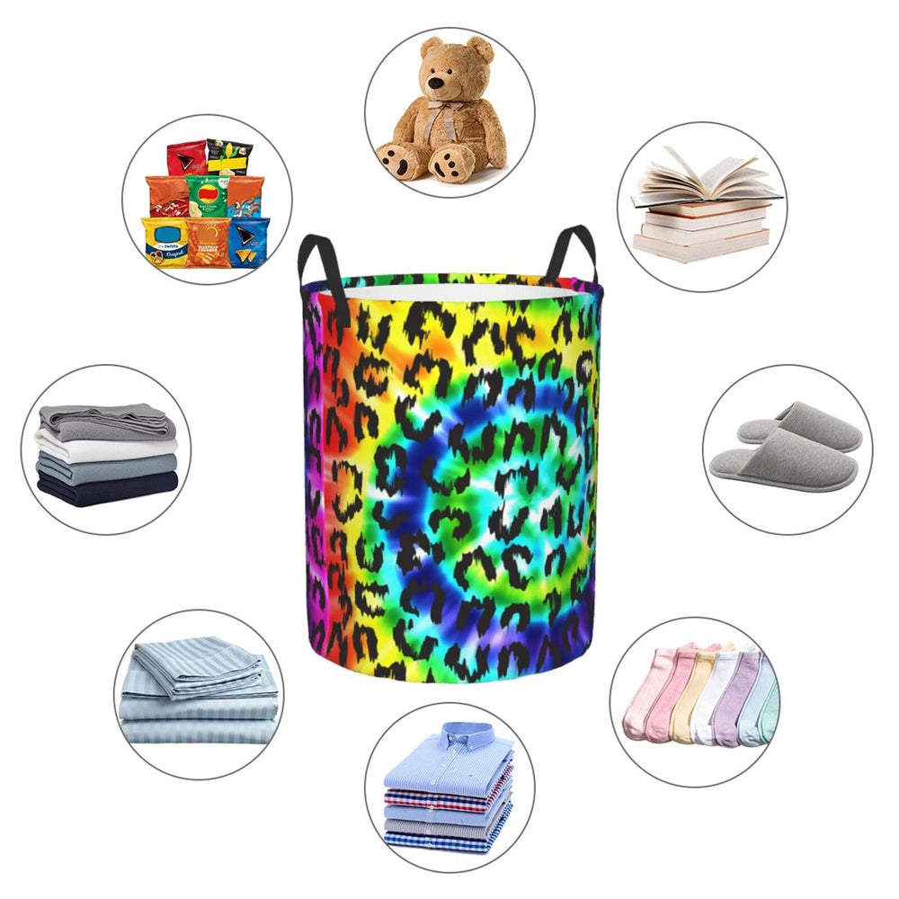 Gbuzozie leopard round laundry hamper suitable for kitchens, living rooms, or bathrooms.