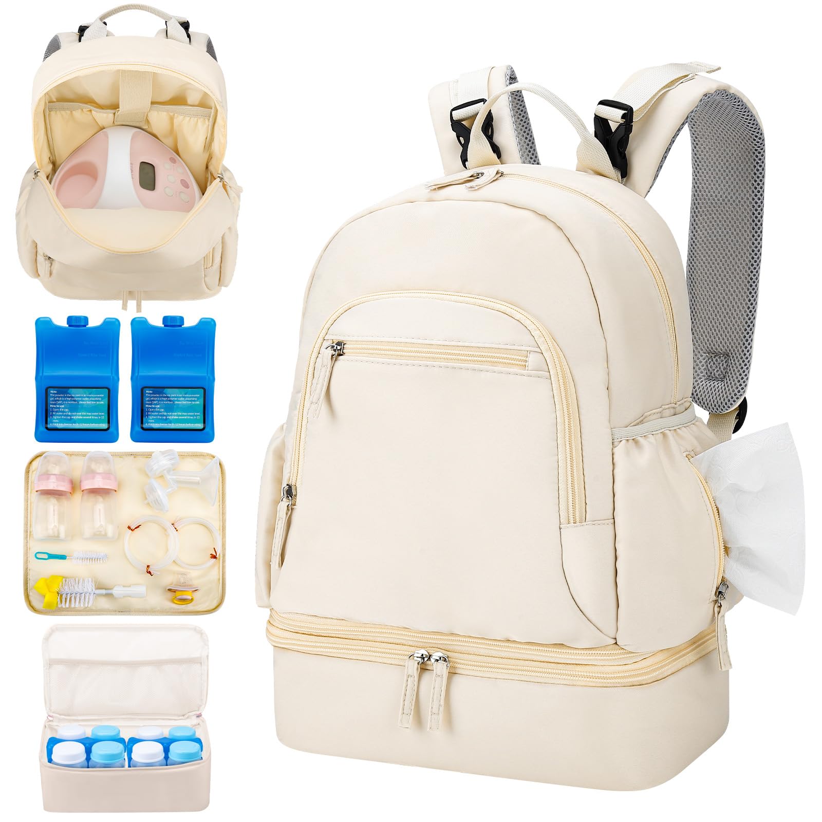 GDNasist breast-pump backpack beige front view for organized travel.