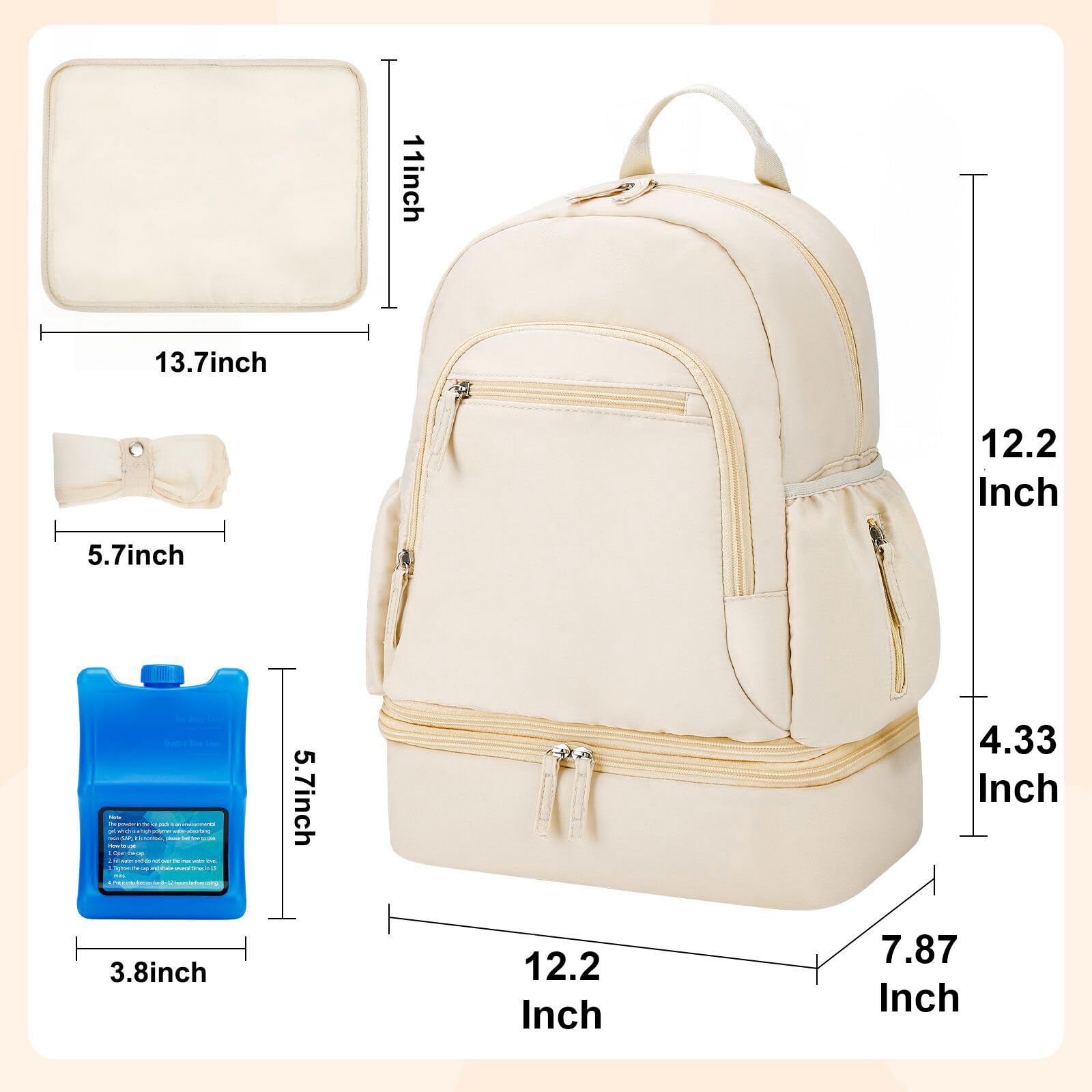 GDNasist backpack beige side-compartment view with organized pockets.