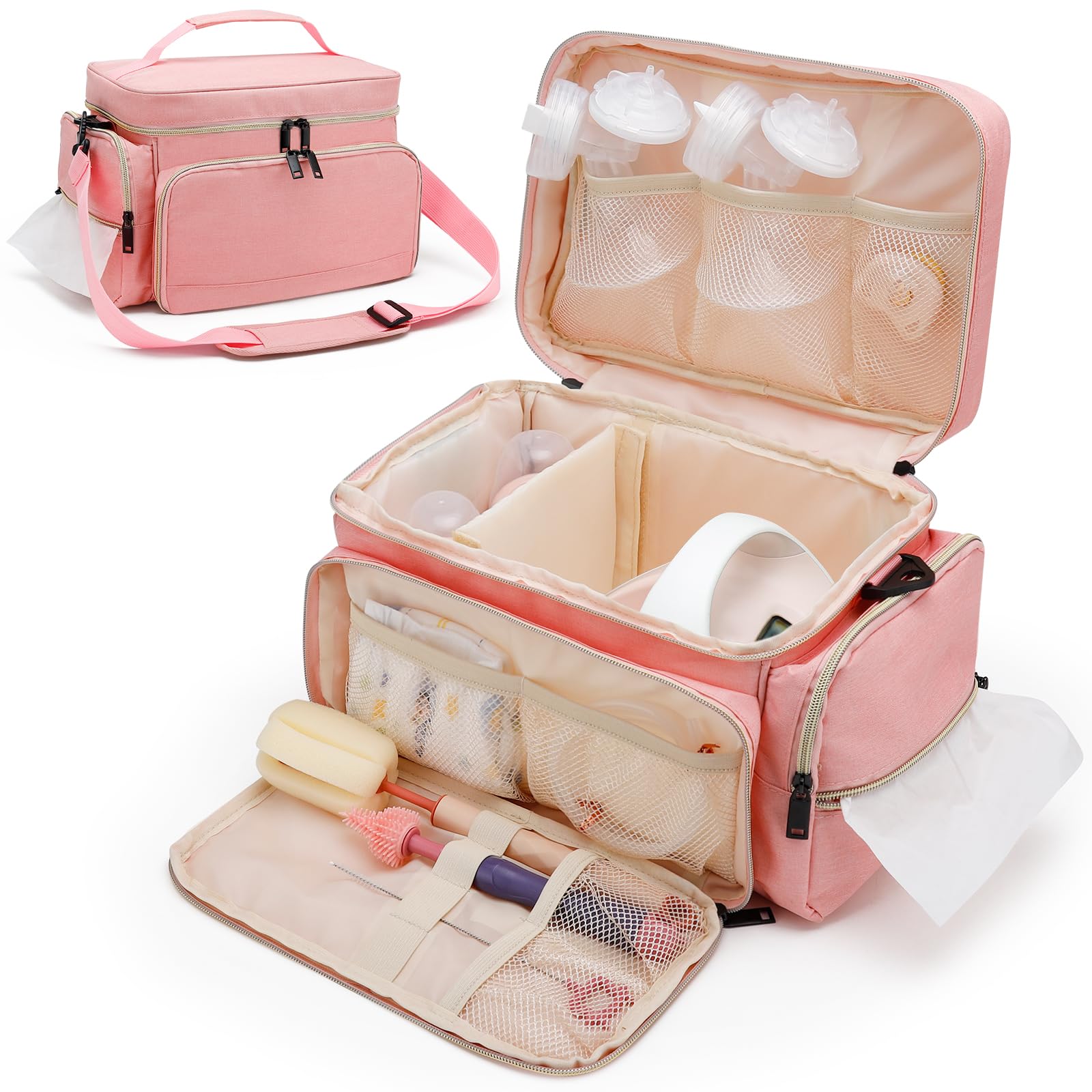 GDNasist breast pump bag main compartment shows organized layout for pump and bottles