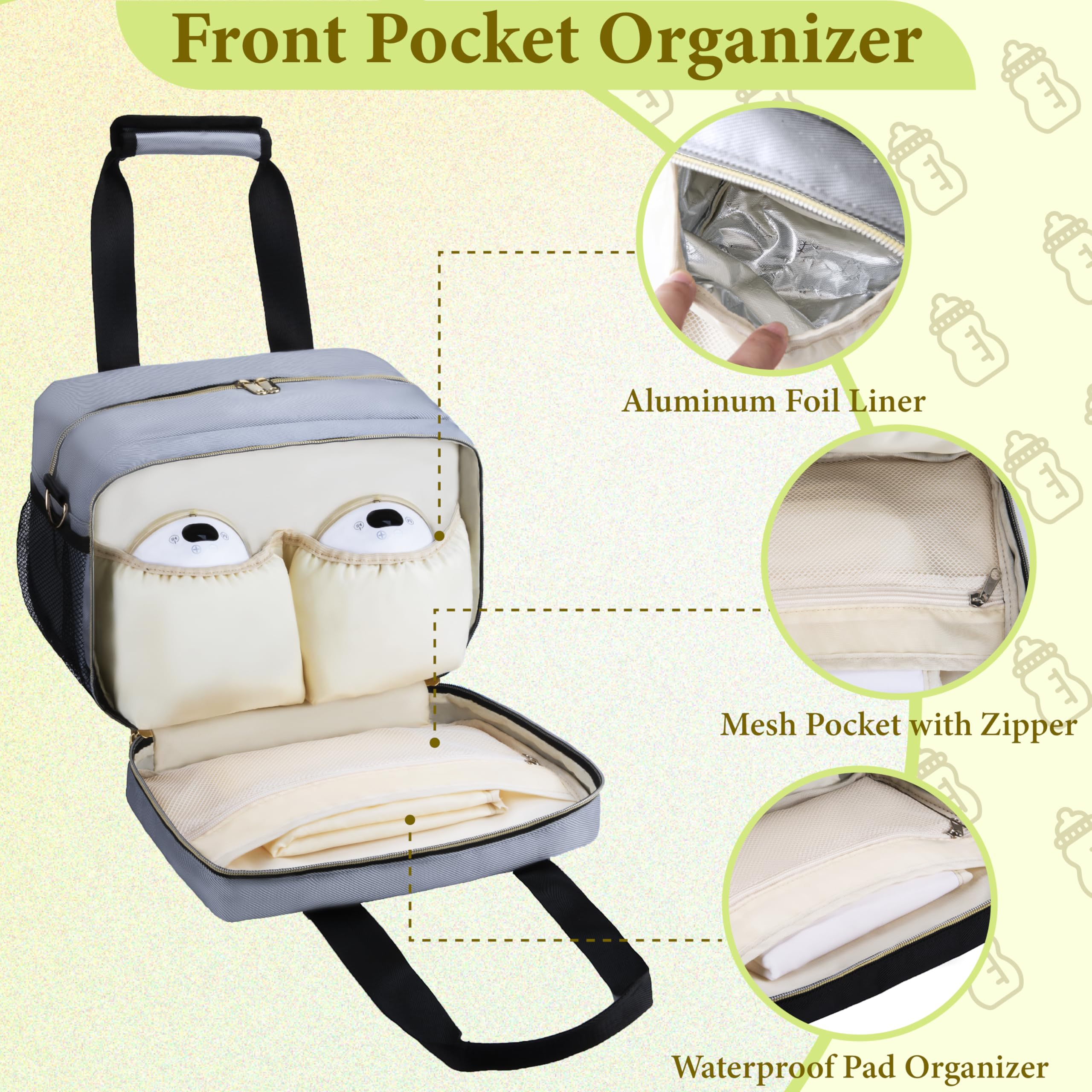 GDNasist bag features multiple pockets and wipe-clean aluminum liner for easy maintenance.