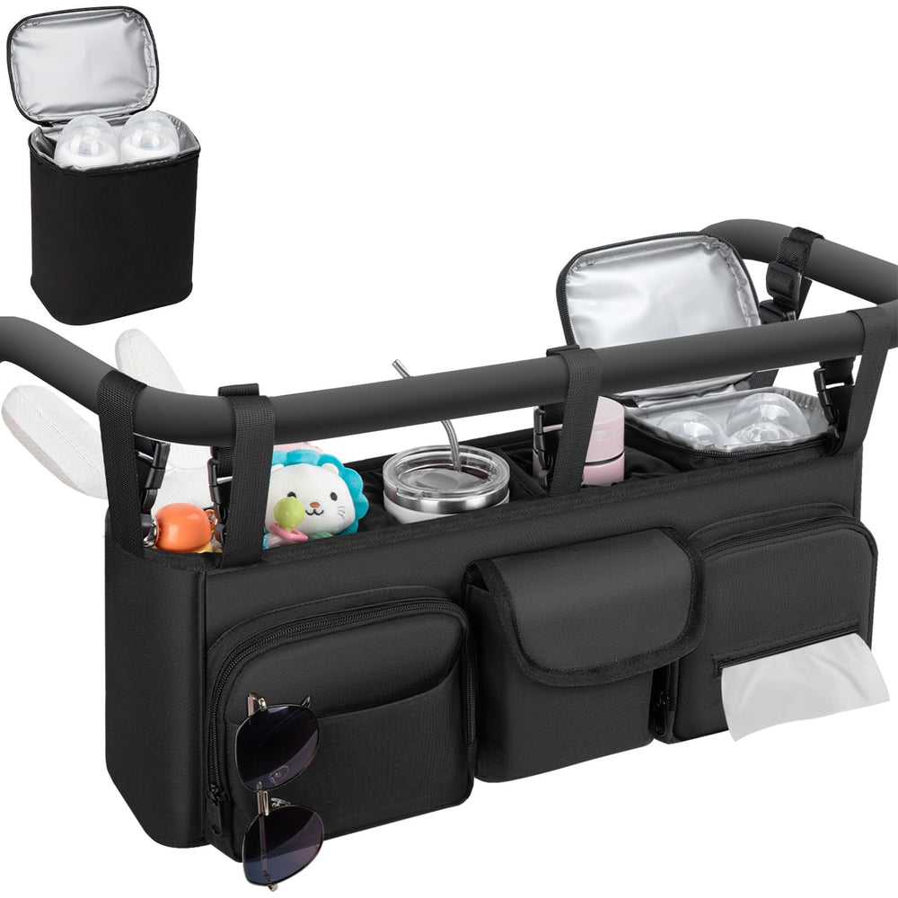 GDNasist double-stroller-organizer on Bob Duallie showing secure compatibility for on-the-go parents.