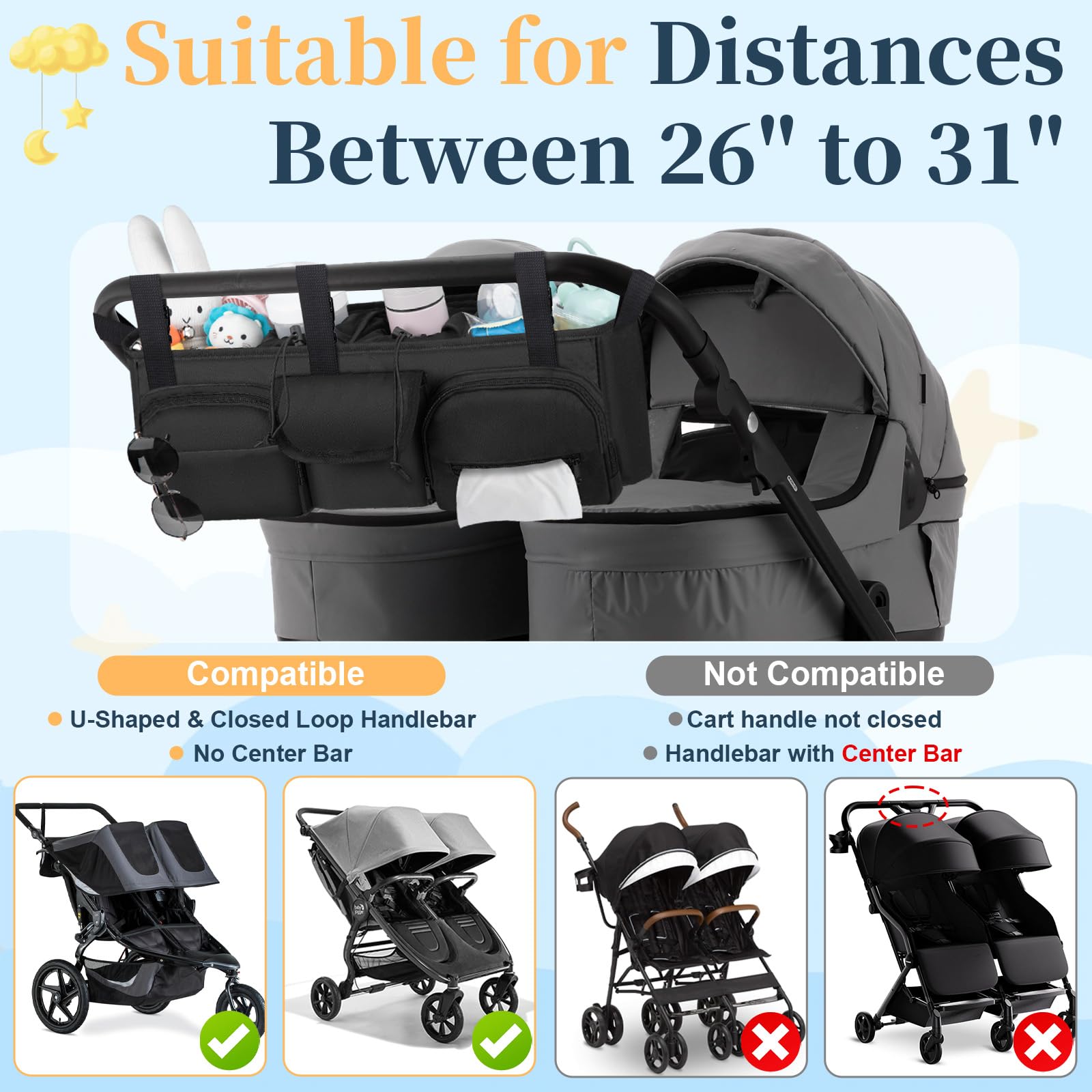 GDNasist double-stroller-organizer on Baby Jogger City Mini GT2 for easy access.