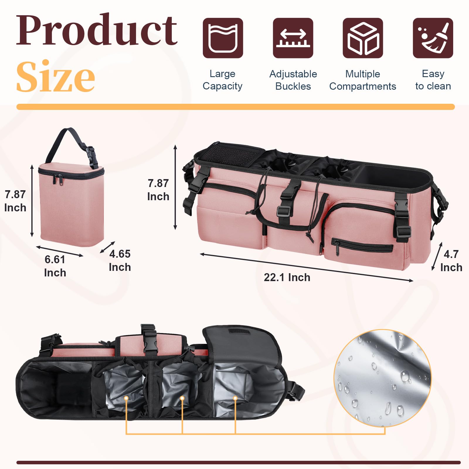 GDNasist double stroller organizer cup holders close-up for secure beverage storage.