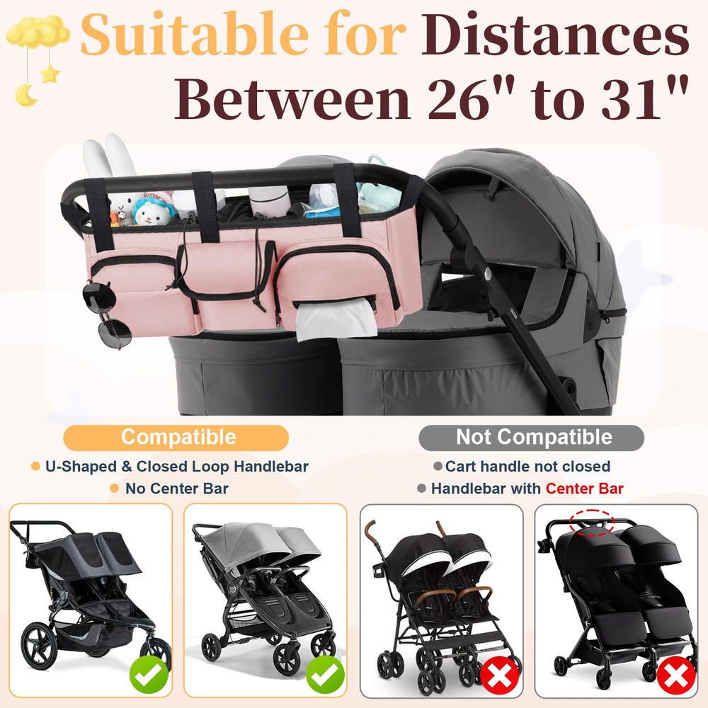 GDNasist double stroller organizer front view showing cup holders and accessible storage.