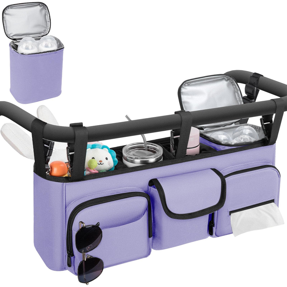 GDNasist double-stroller-organizer purple shows Bob Duallie compatibility for easy access