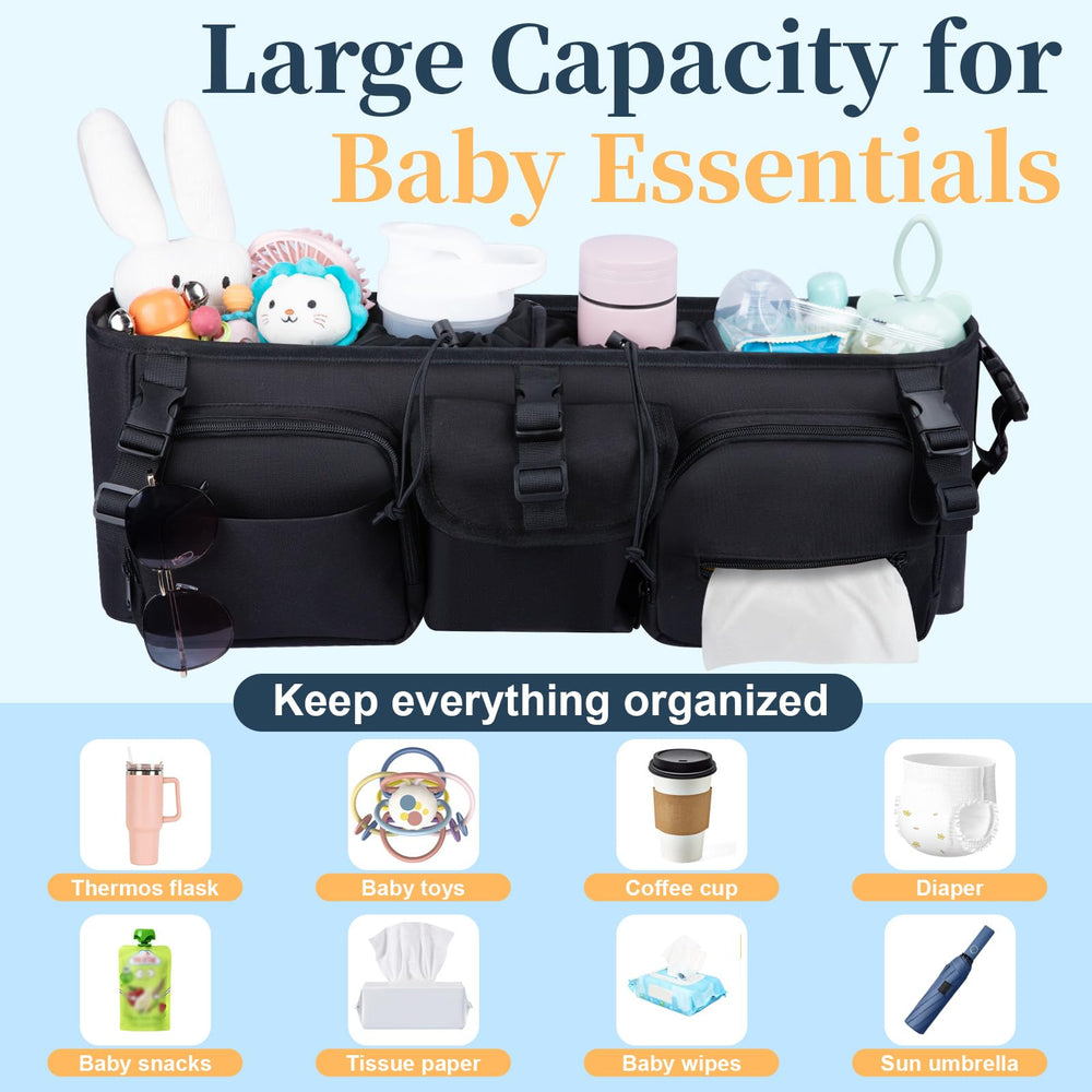 GDNasist organizer with multiple pockets keeping phones, wipes, and toys organized.