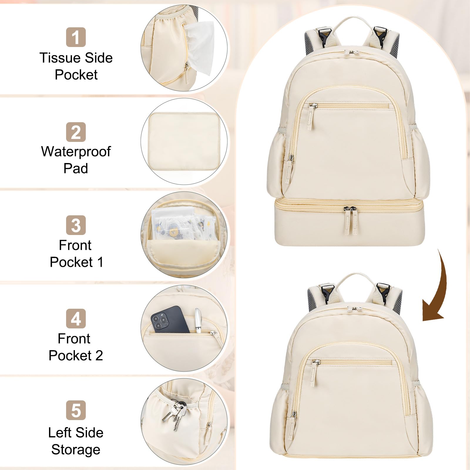 GDNasist top carry handle on beige backpack for easy lifting.